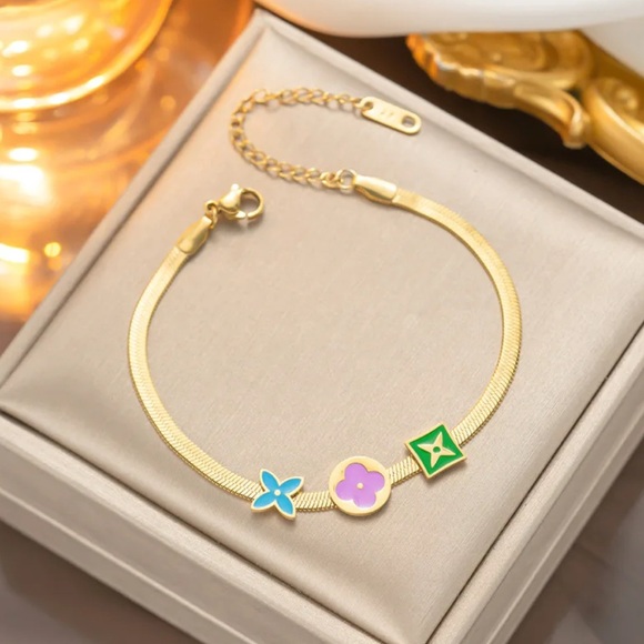18K Gold Clover & Flower Candy Colored Enameled Herringbone Chain Bracelet - Picture 1 of 6